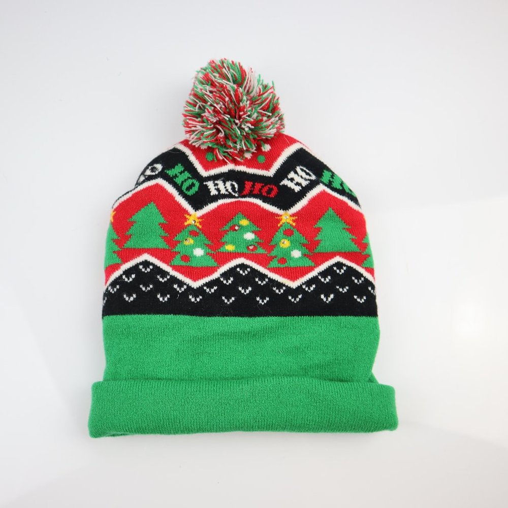 Light Up Christmas Beanie Hat Pom Pom HO HO HO LED Holiday Cap